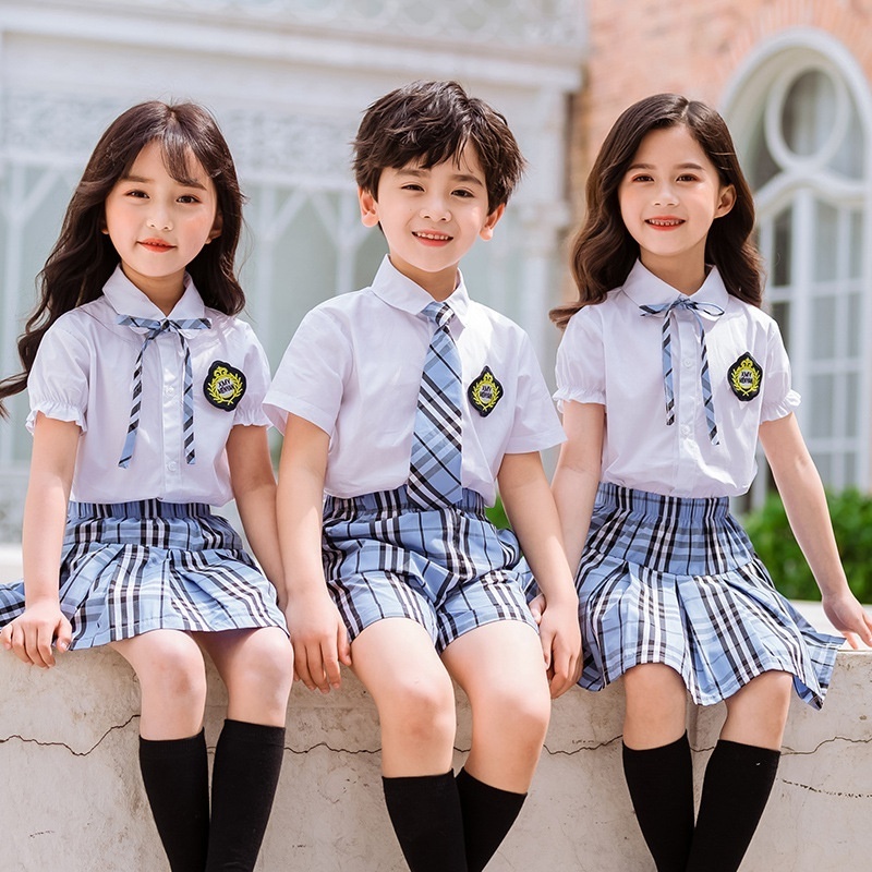 Wholesale customized striped girls solid skirt primary and secondary student school uniform short-sleeved shirts