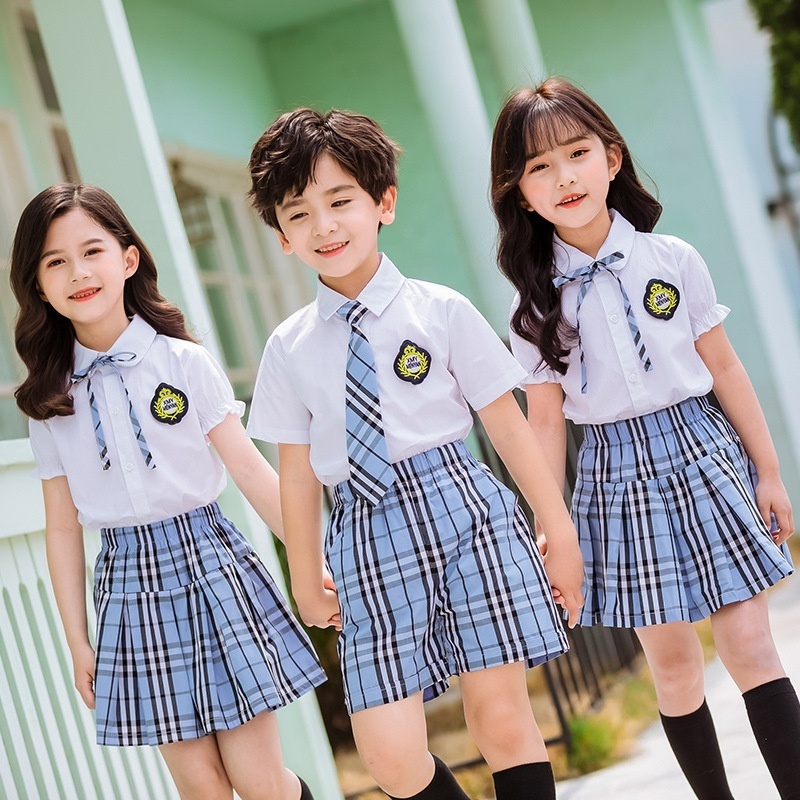 Wholesale customized striped girls solid skirt primary and secondary student school uniform short-sleeved shirts