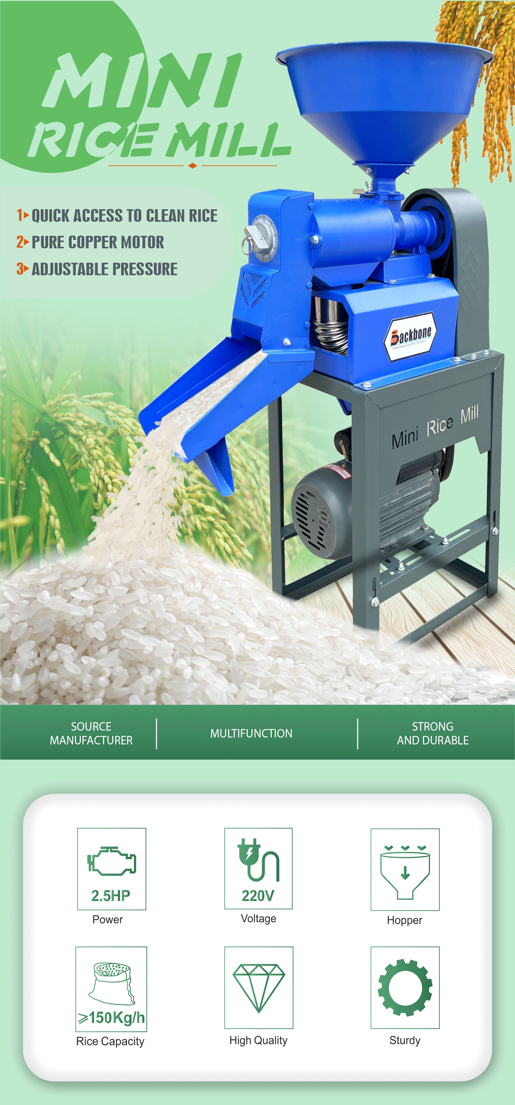 New Design Mini Rice Milling Machine Without or With 1 Phase 220V Electric Motor