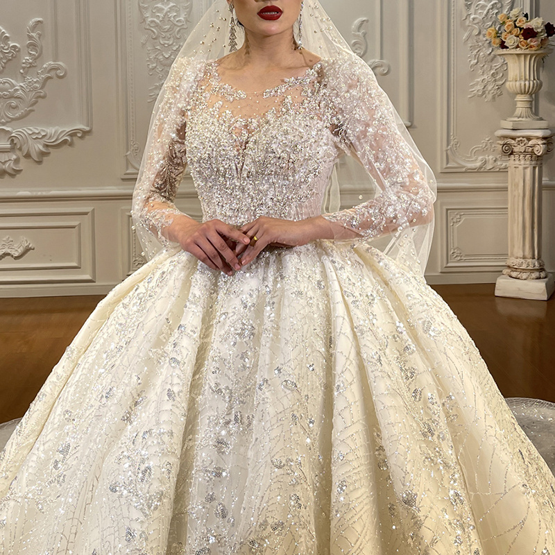 Jancember NS4502 Bling Ivory Lace Long Sleeve O-neck Bridal Ball Gown Wedding Dresses