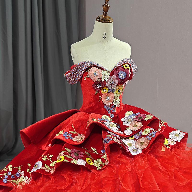 Jancember 6595 Vintage Beautiful Flower Red Ball Gown Quinceanera Dresses With Tail