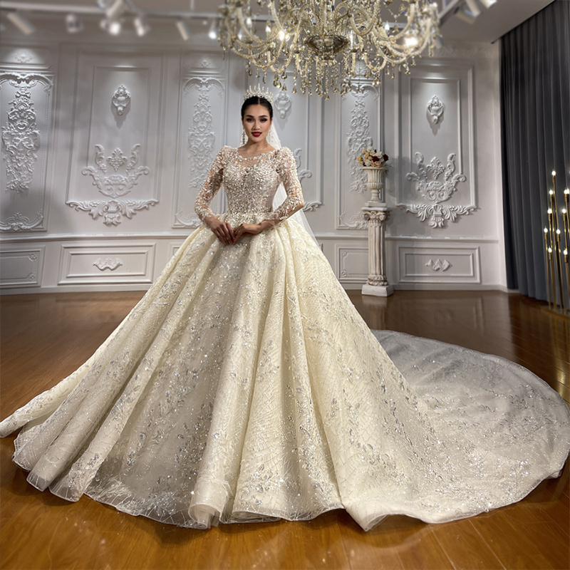 Jancember NS4502 Bling Ivory Lace Long Sleeve O-neck Bridal Ball Gown Wedding Dresses