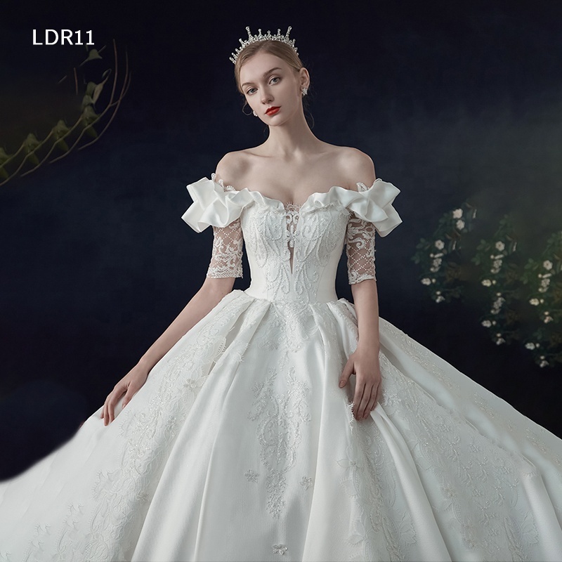 Jancember LDR11 real shoulder elegant white bling wedding dresses ball gown