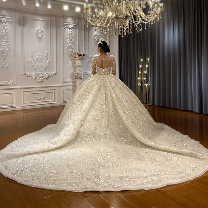 Jancember NS4502 Bling Ivory Lace Long Sleeve O-neck Bridal Ball Gown Wedding Dresses