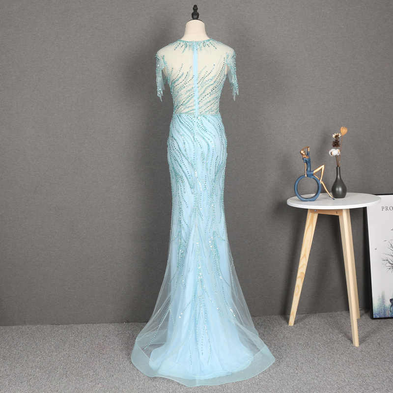 YY256 High Quality Lake Blue Round Neck Sleeveless Sexy Backless Mermaid Wedding Dress