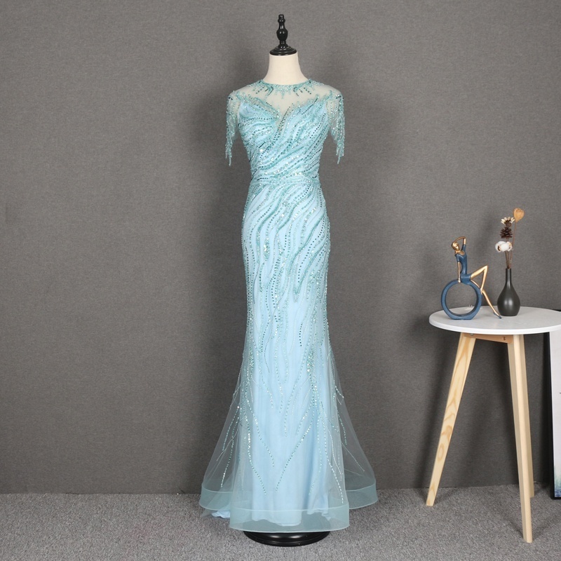 YY256 High Quality Lake Blue Round Neck Sleeveless Sexy Backless Mermaid Wedding Dress