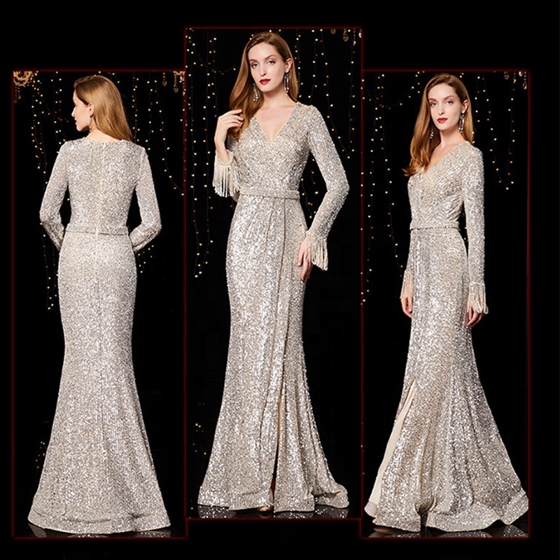 Jancember LC04 A Line Long Sleeves Sequin Golden  Tassel Mother Of The Bride Evening Dresses