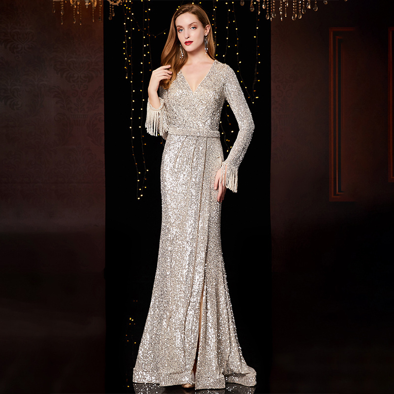 Jancember LC04 A Line Long Sleeves Sequin Golden  Tassel Mother Of The Bride Evening Dresses