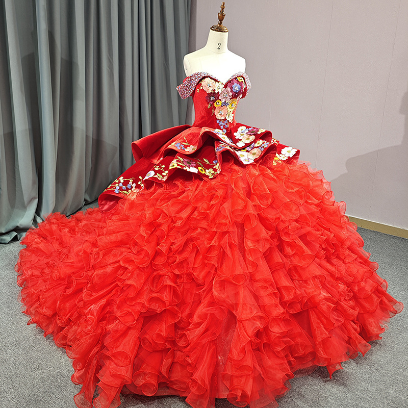 Jancember 6595 Vintage Beautiful Flower Red Ball Gown Quinceanera Dresses With Tail