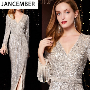 Jancember LC04 A Line Long Sleeves Sequin Golden  Tassel Mother Of The Bride Evening Dresses