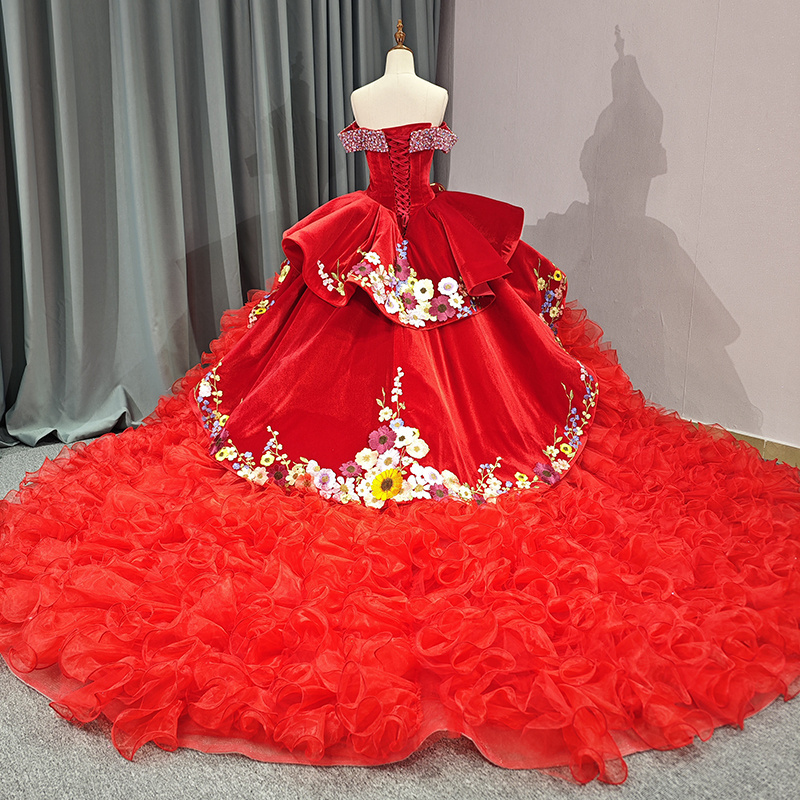 Jancember 6595 Vintage Beautiful Flower Red Ball Gown Quinceanera Dresses With Tail