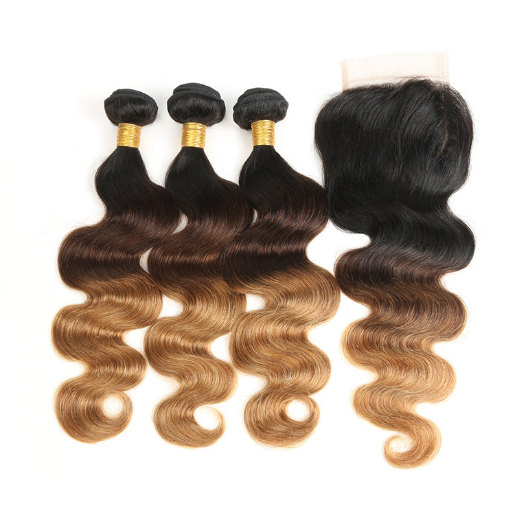 Ombre human hair bundles with closures wholesale price double drawn body wave Brazilian human hair weaves natural virgin hair