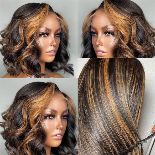 Highlight HD Wigs Human Hair Lace Front Shoulder Length Piano Color Curly Bob Wig Highlight Body Wave Bob Wig For Black Women