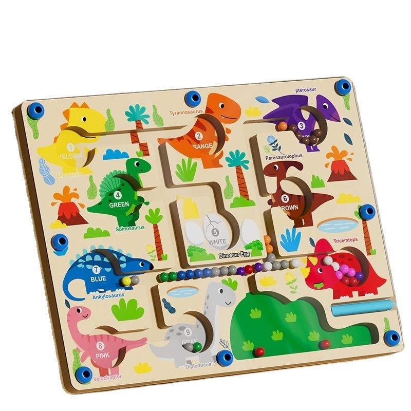 2 Play Ways Montessori Toys Matching Counting Dinosaur Wooden Board Magnetic Color and Number Maze