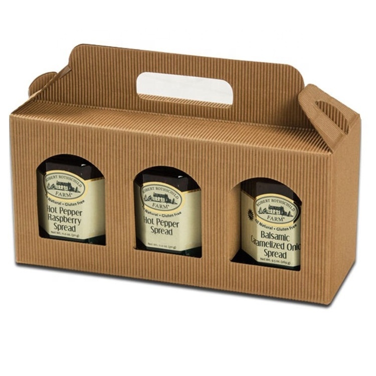 High Quality Custom Brown Kraft Paper Corrugated Gable Bottle Carrier Jam Jar Gift Boxes with Window