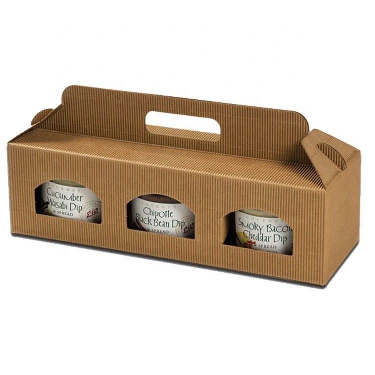 High Quality Custom Brown Kraft Paper Corrugated Gable Bottle Carrier Jam Jar Gift Boxes with Window