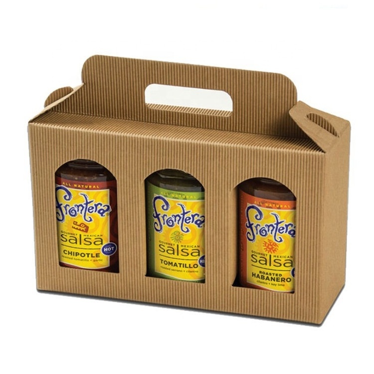 High Quality Custom Brown Kraft Paper Corrugated Gable Bottle Carrier Jam Jar Gift Boxes with Window