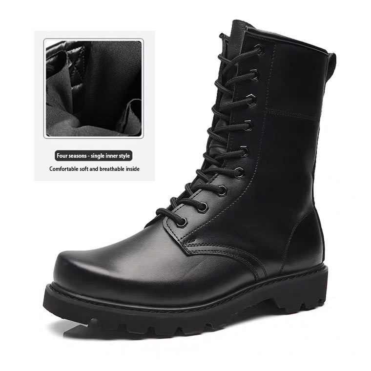 Leather boots Men's outdoor combat pure wool steel toe steel sole and cashmere warm high top boots