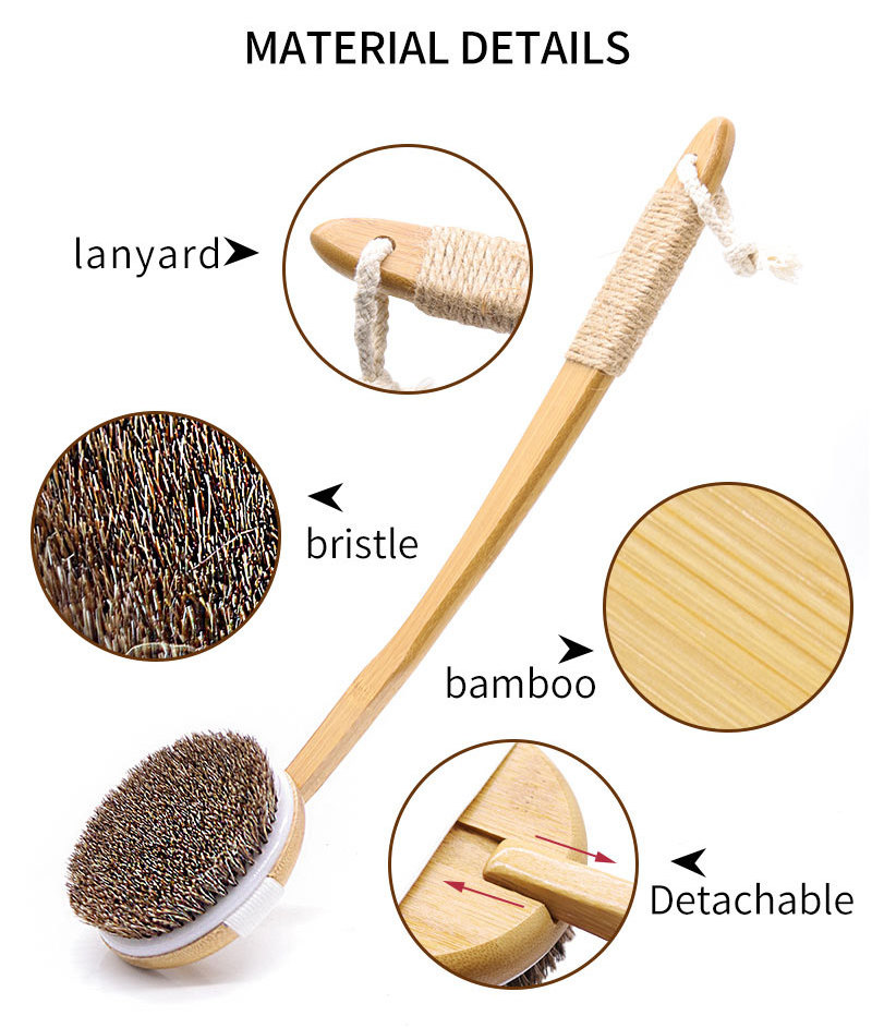 Natural bamboo long handle Exfoliating Bath Brush for shower Back Body Scrubber Brush 100% eco friendly bristle