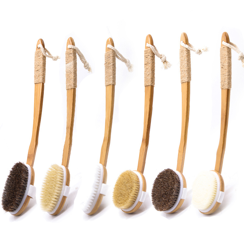 Natural bamboo long handle Exfoliating Bath Brush for shower Back Body Scrubber Brush 100% eco friendly bristle