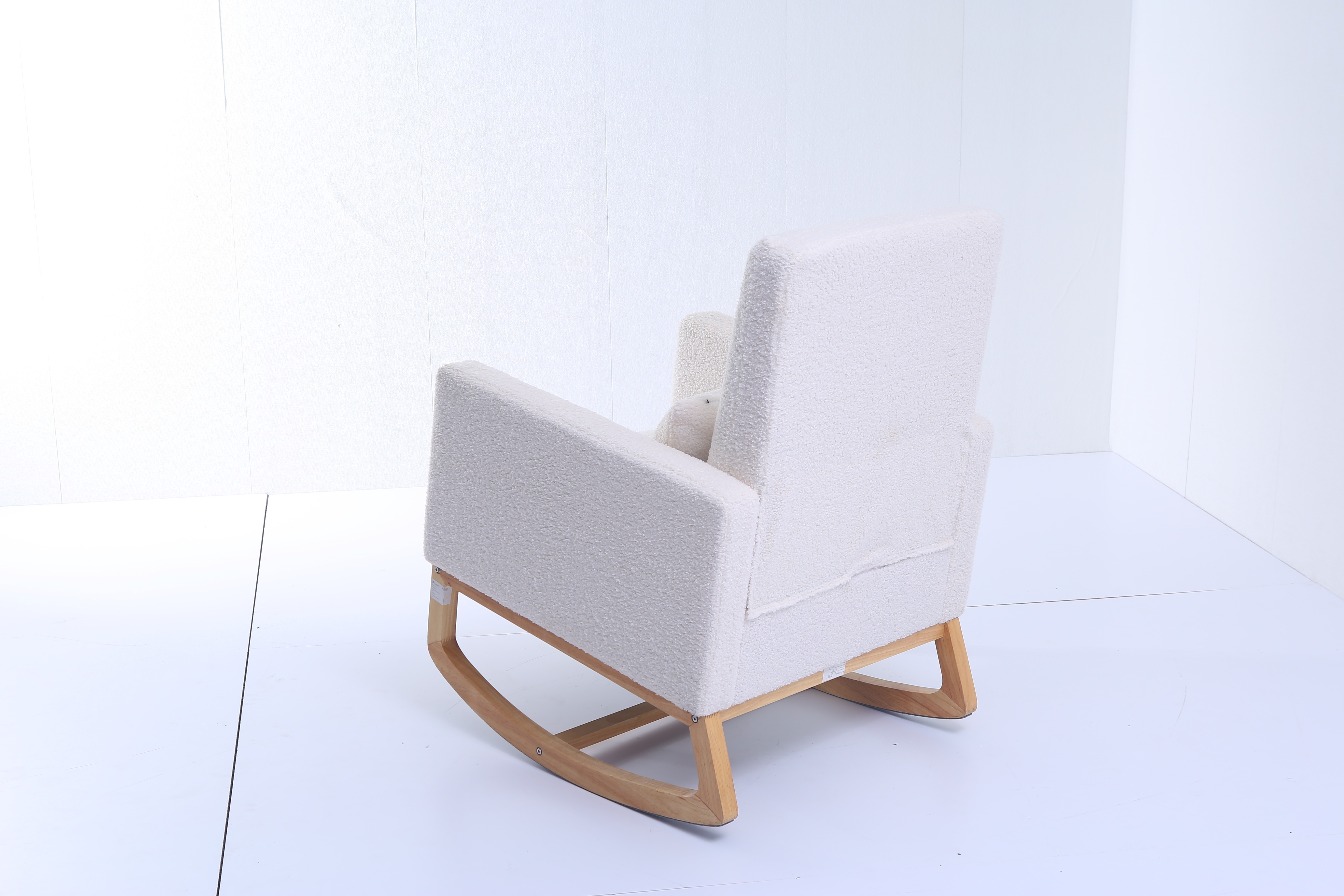 Modern Leisure Chairs Living Room Furniture Wood Base And teddy Fabric Padded Seat White Upholstered Rocking Armchair