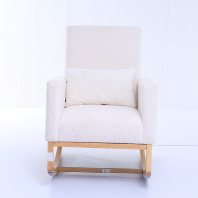 Modern Leisure Chairs Living Room Furniture Wood Base And teddy Fabric Padded Seat White Upholstered Rocking Armchair