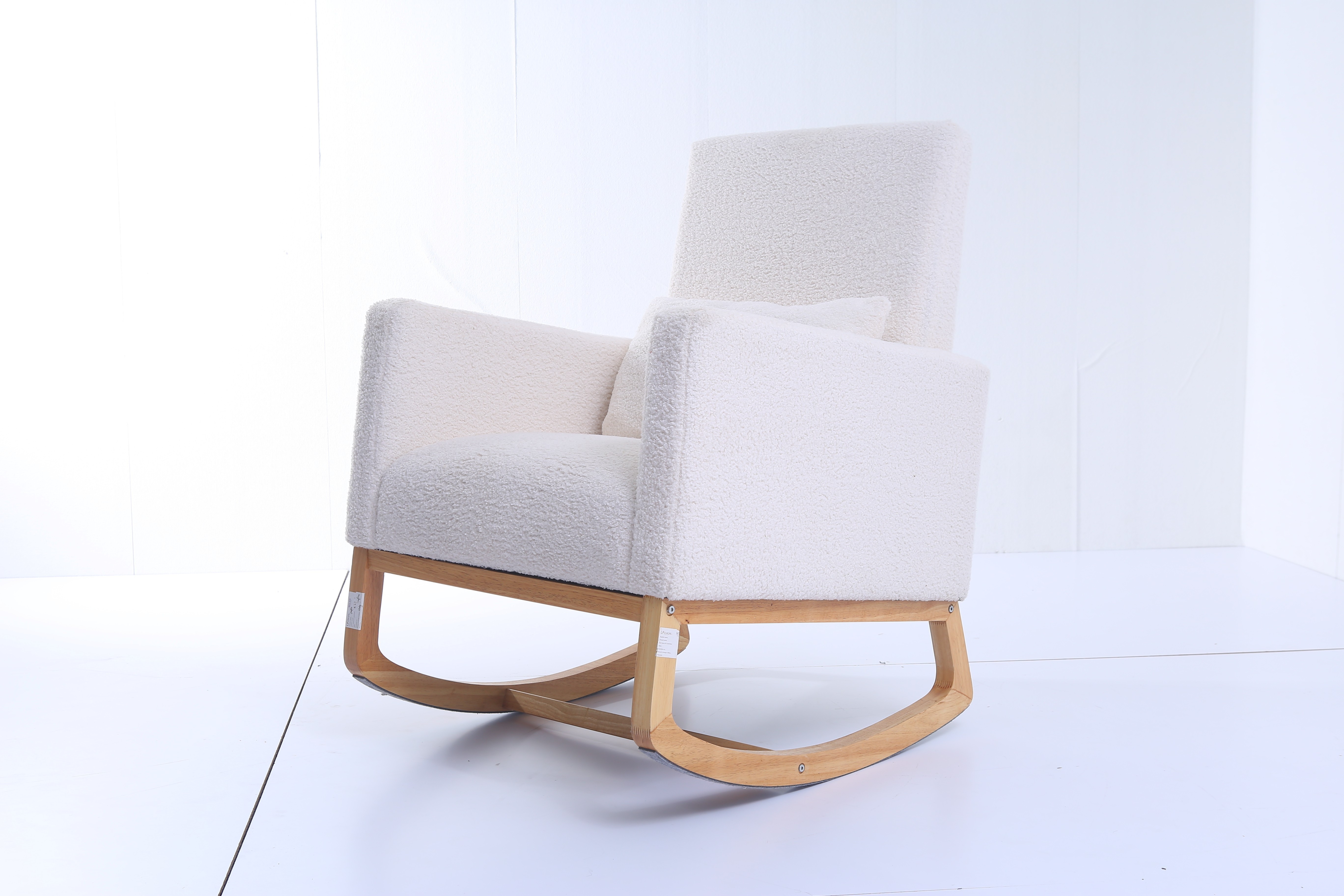 Modern Leisure Chairs Living Room Furniture Wood Base And teddy Fabric Padded Seat White Upholstered Rocking Armchair