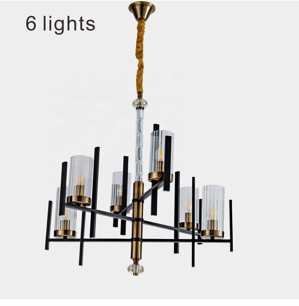 6-Lights Black+CAB Glass Chandelier,Rustic Metal Pendant Lighting Ceiling Light Fixtures Hanging for Farmhouse Kitchen Living