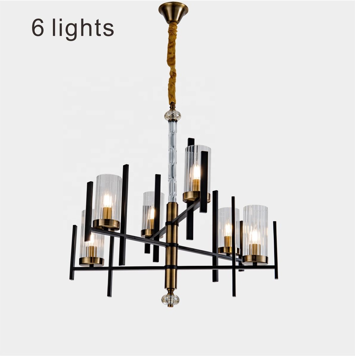 6-Lights Black+CAB Glass Chandelier,Rustic Metal Pendant Lighting Ceiling Light Fixtures Hanging for Farmhouse Kitchen Living