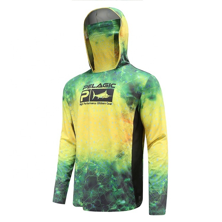 Custom wholesale green dorado pelagic long sleeve hooded performance fishing shirts with integrated face mask