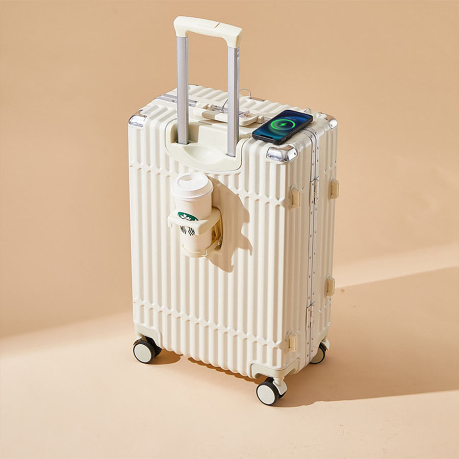 Multi functional aluminum frame trolley box 20 inch luggage case with cup holder and USB charging port travel luggage