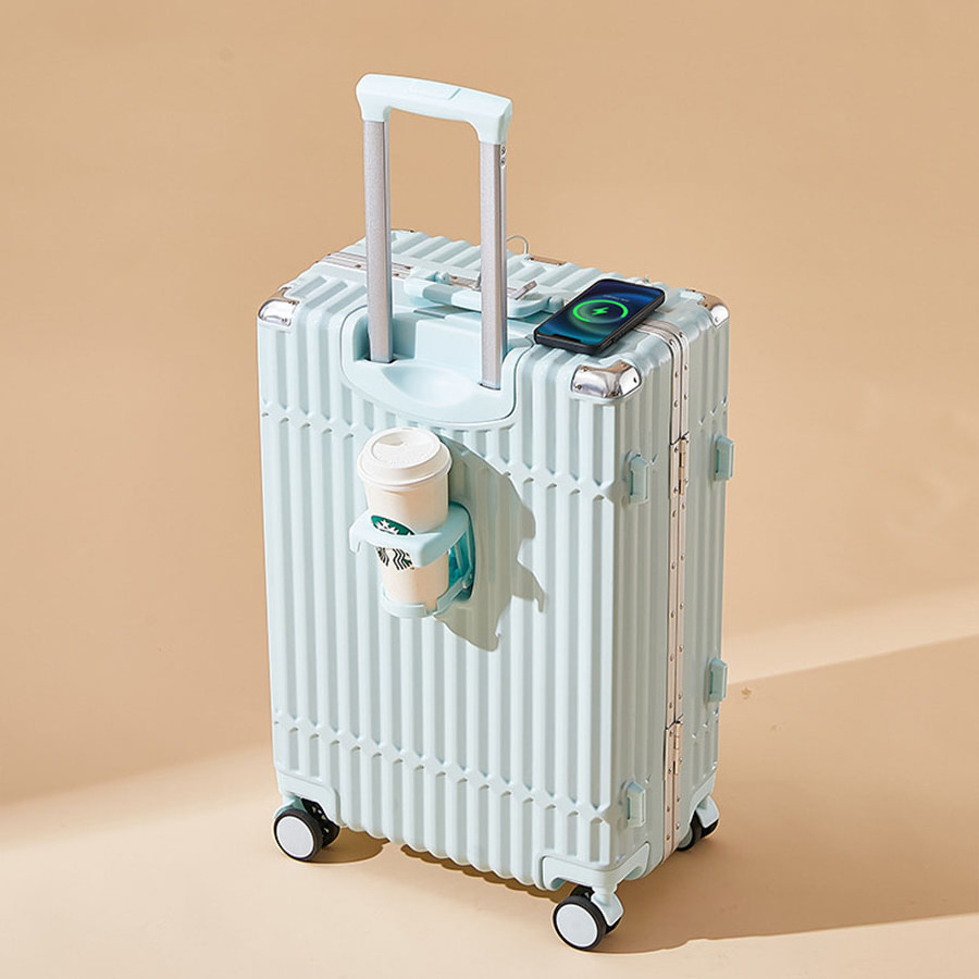 Multi functional aluminum frame trolley box 20 inch luggage case with cup holder and USB charging port travel luggage