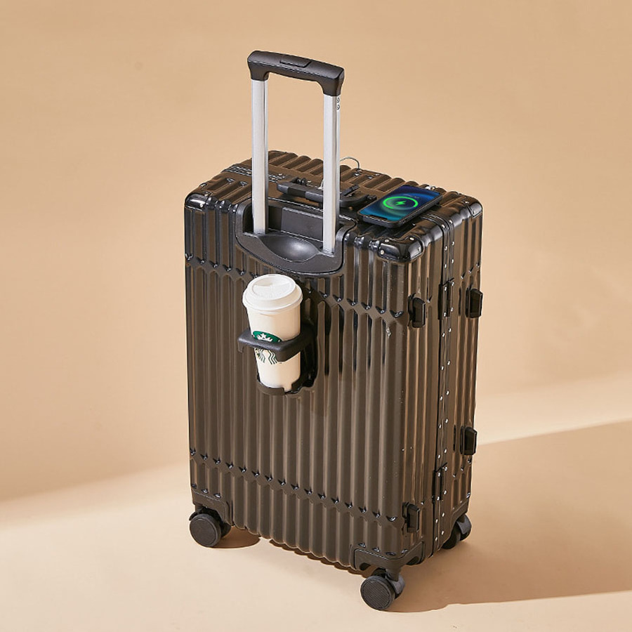 Multi functional aluminum frame trolley box 20 inch luggage case with cup holder and USB charging port travel luggage