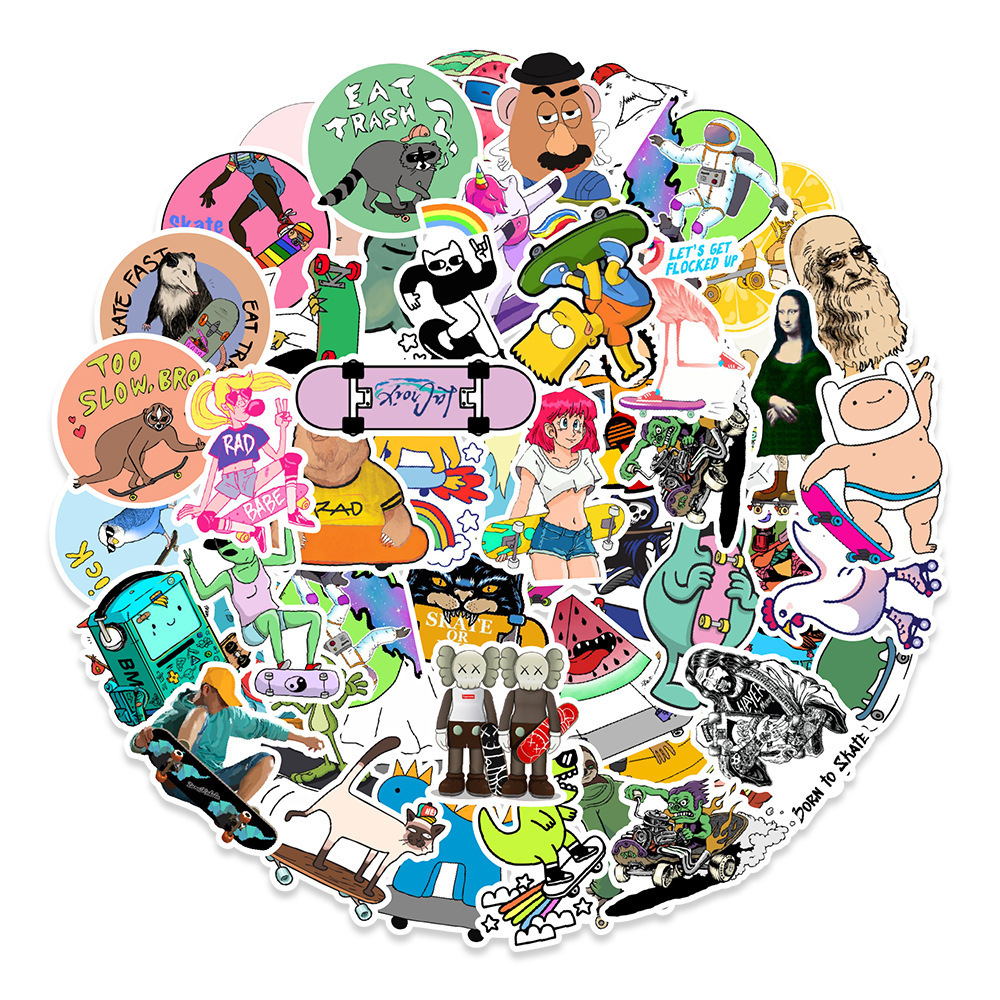 50pcs/pack ready in stock cartoon skateboard die-cut sticker sheets water bottle laptop decoration stickers packaging label