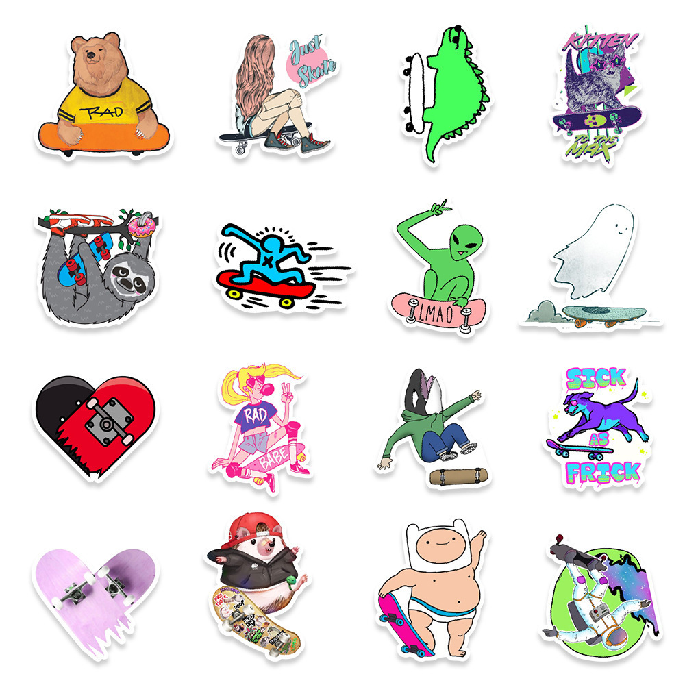 50pcs/pack ready in stock cartoon skateboard die-cut sticker sheets water bottle laptop decoration stickers packaging label