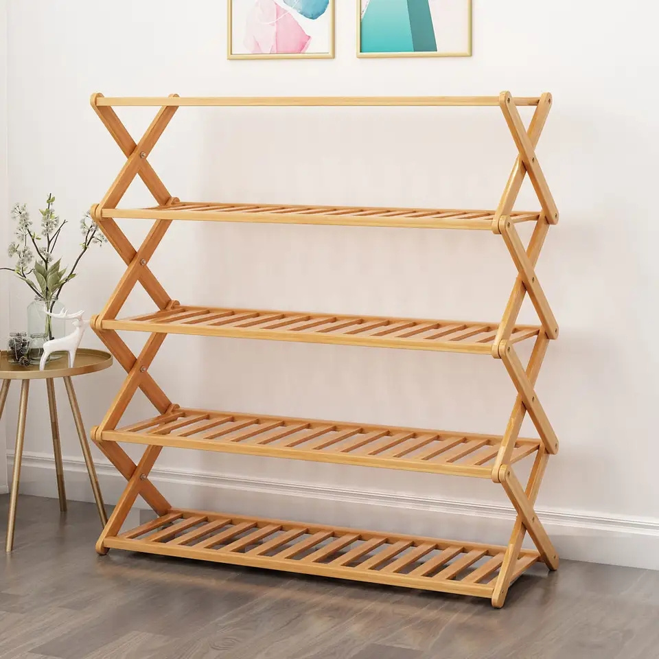 5-Tier Bamboo Wooden Shoe Rack Folding Shoes Entryway Shelf Storage Organizer