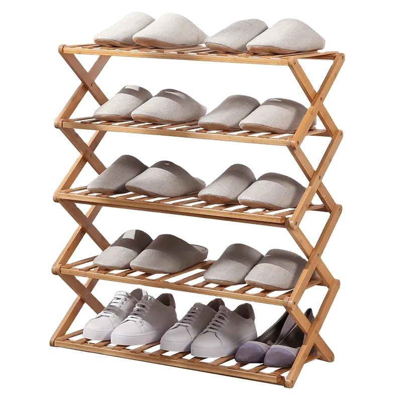 5-Tier Bamboo Wooden Shoe Rack Folding Shoes Entryway Shelf Storage Organizer