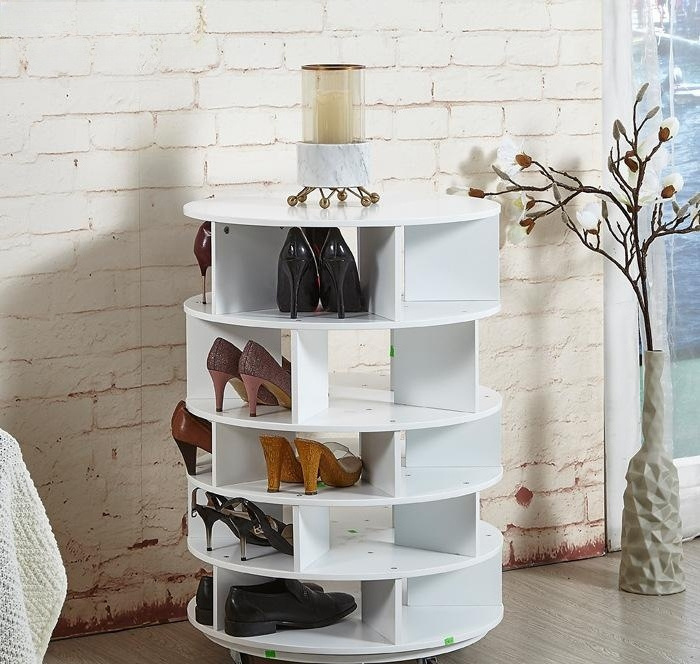 360 Rotating Round Shoe Rack White Wooden Foldable Storage Organizer Shoes Display Racks