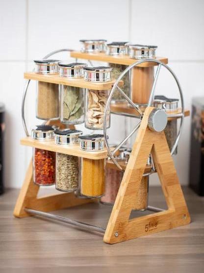 5 Tier 15 Jars Acacia Wood Countertop Stand Holder Shelf Bamboo Wooden Spice Rack Organizer For Kitchen