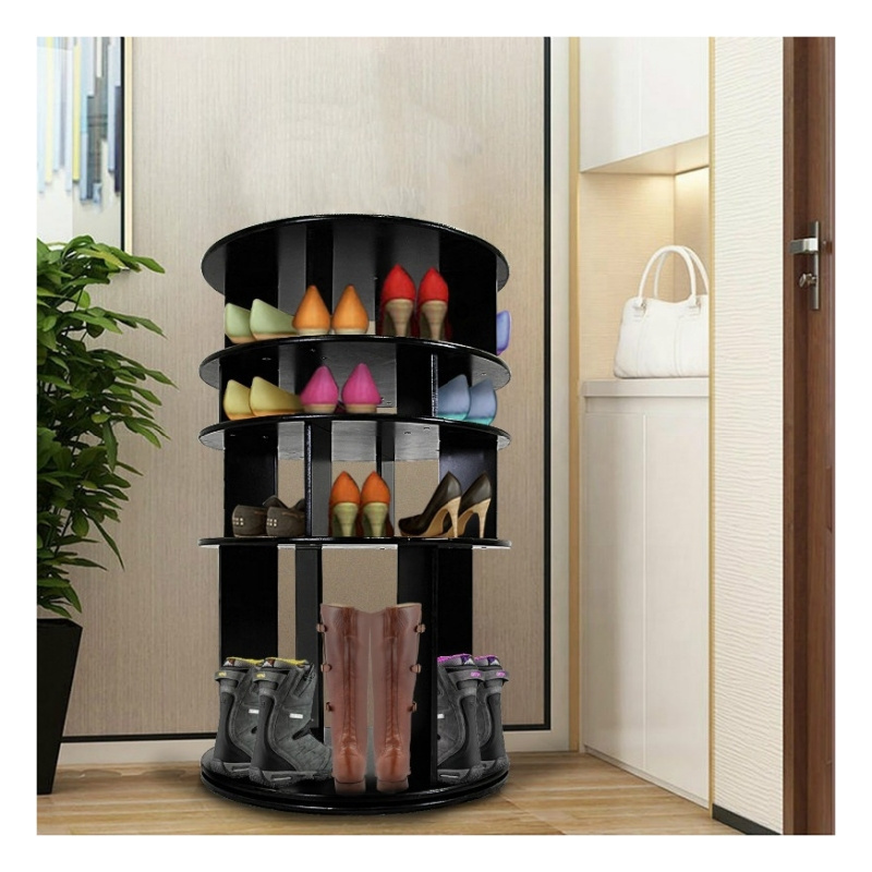 360 Degree Customized Shop Mall And Home Space Saving Factory Price Modern Black Rotating Wooden Cabinet Shoe Rack