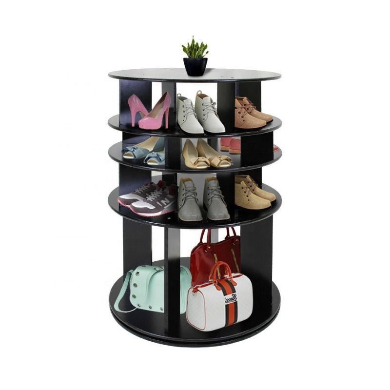 360 Degree Customized Shop Mall And Home Space Saving Factory Price Modern Black Rotating Wooden Cabinet Shoe Rack