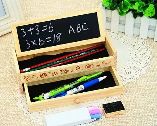 Korean Students Pure Wooden Stationery Box Double Layer With Blackboard Pencil Box Storage Box,Wooden Pencil Case For Gift