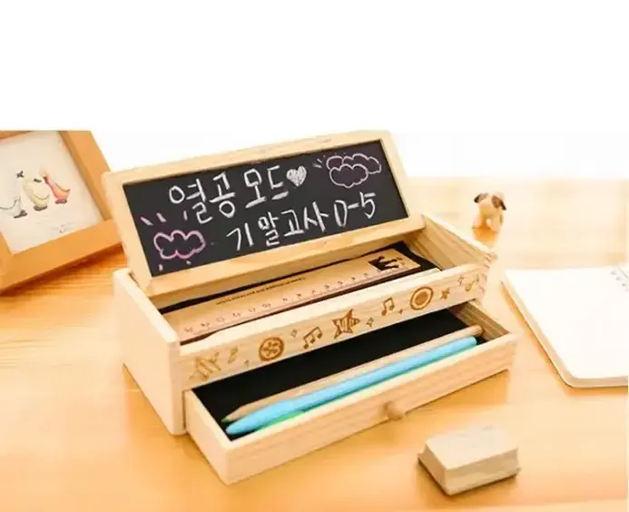 Korean Students Pure Wooden Stationery Box Double Layer With Blackboard Pencil Box Storage Box,Wooden Pencil Case For Gift