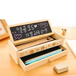 Korean Students Pure Wooden Stationery Box Double Layer With Blackboard Pencil Box Storage Box,Wooden Pencil Case For Gift