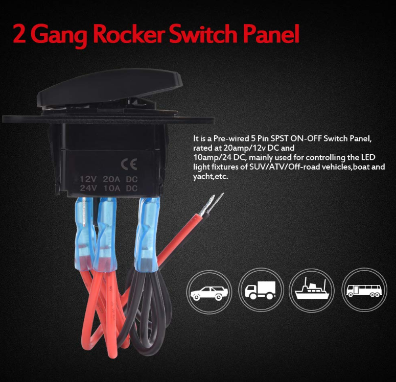 2 Gang Car Boat RV Marine Switch Panel Rocker Switch Panel with Blue LED Light ON/Off Switch Panel with DIY Stickers Set