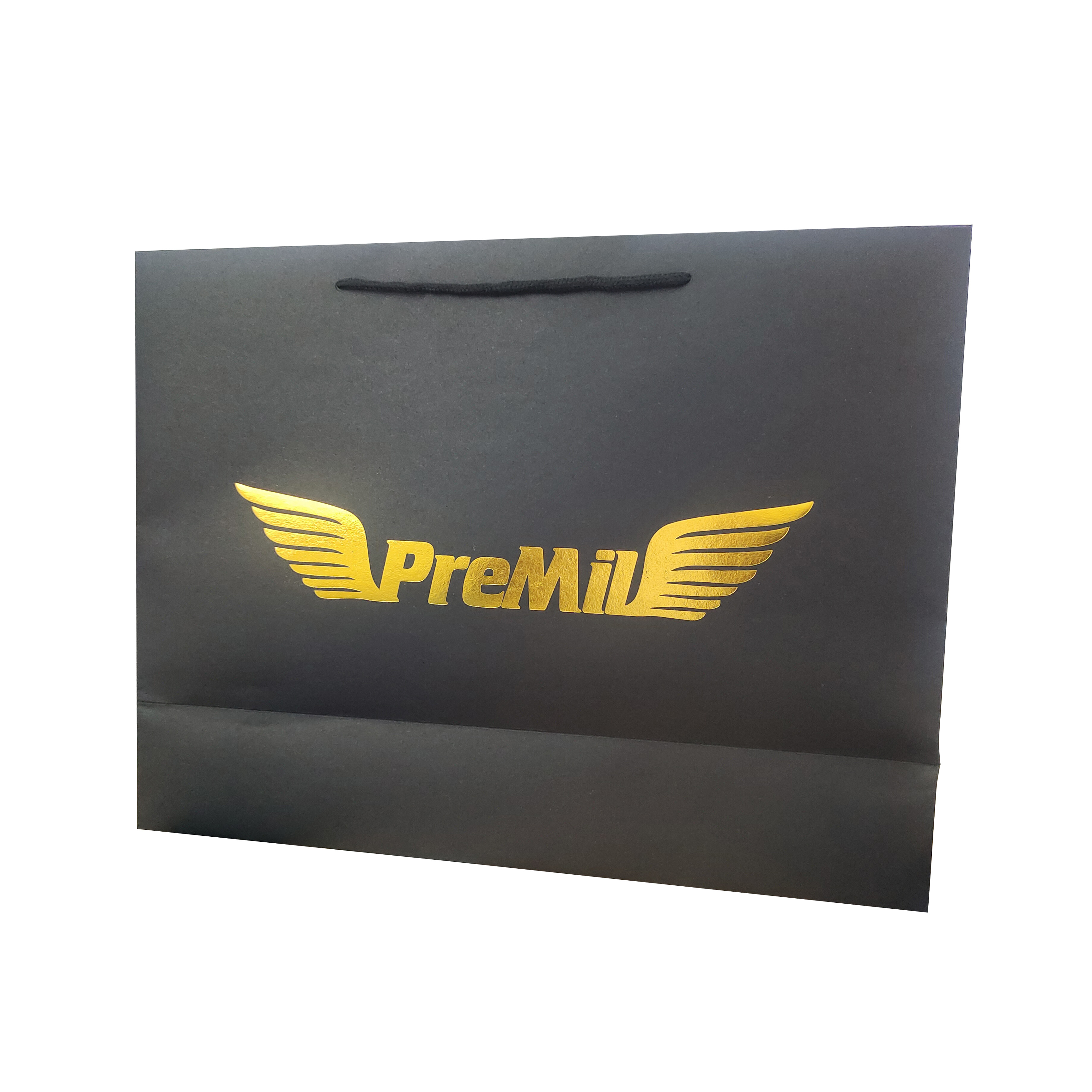 New Gold Logo Hot Foiled Stamping Black Matt Kraft Paper Bag With Cotton Rope Handles