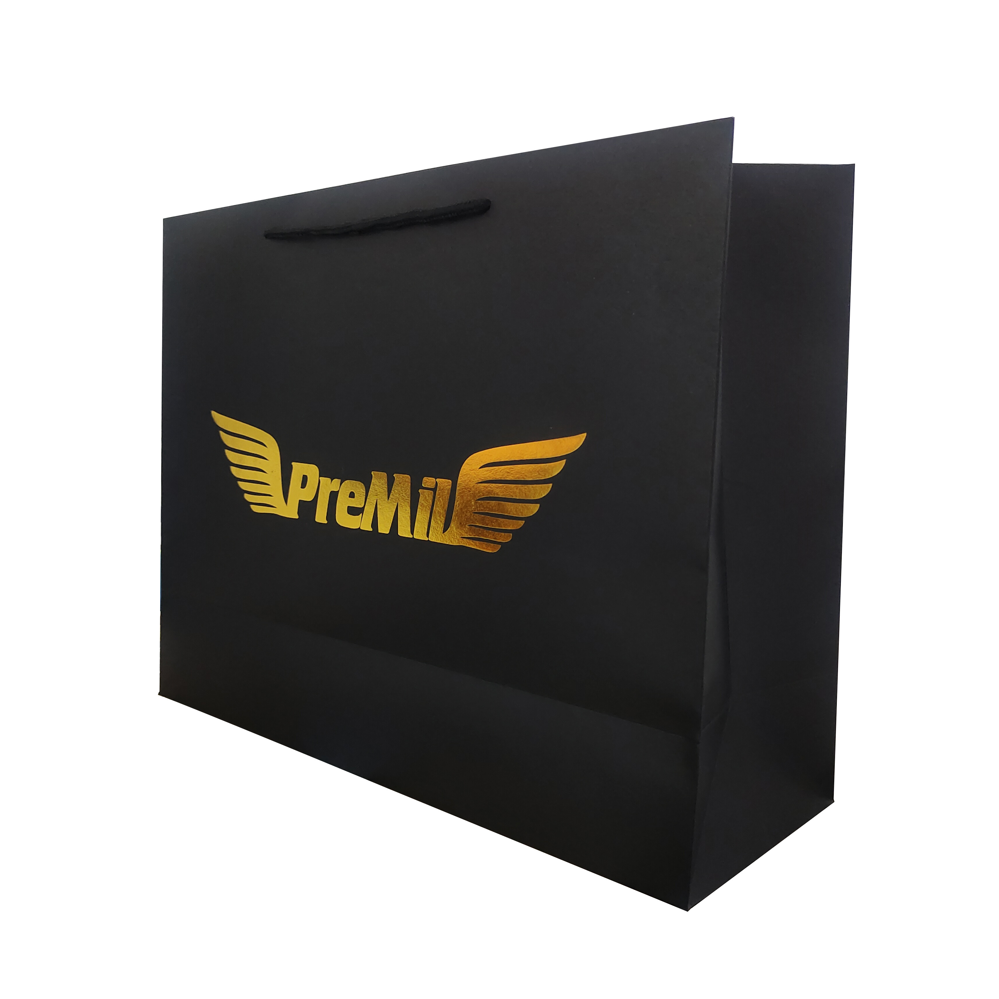 New Gold Logo Hot Foiled Stamping Black Matt Kraft Paper Bag With Cotton Rope Handles