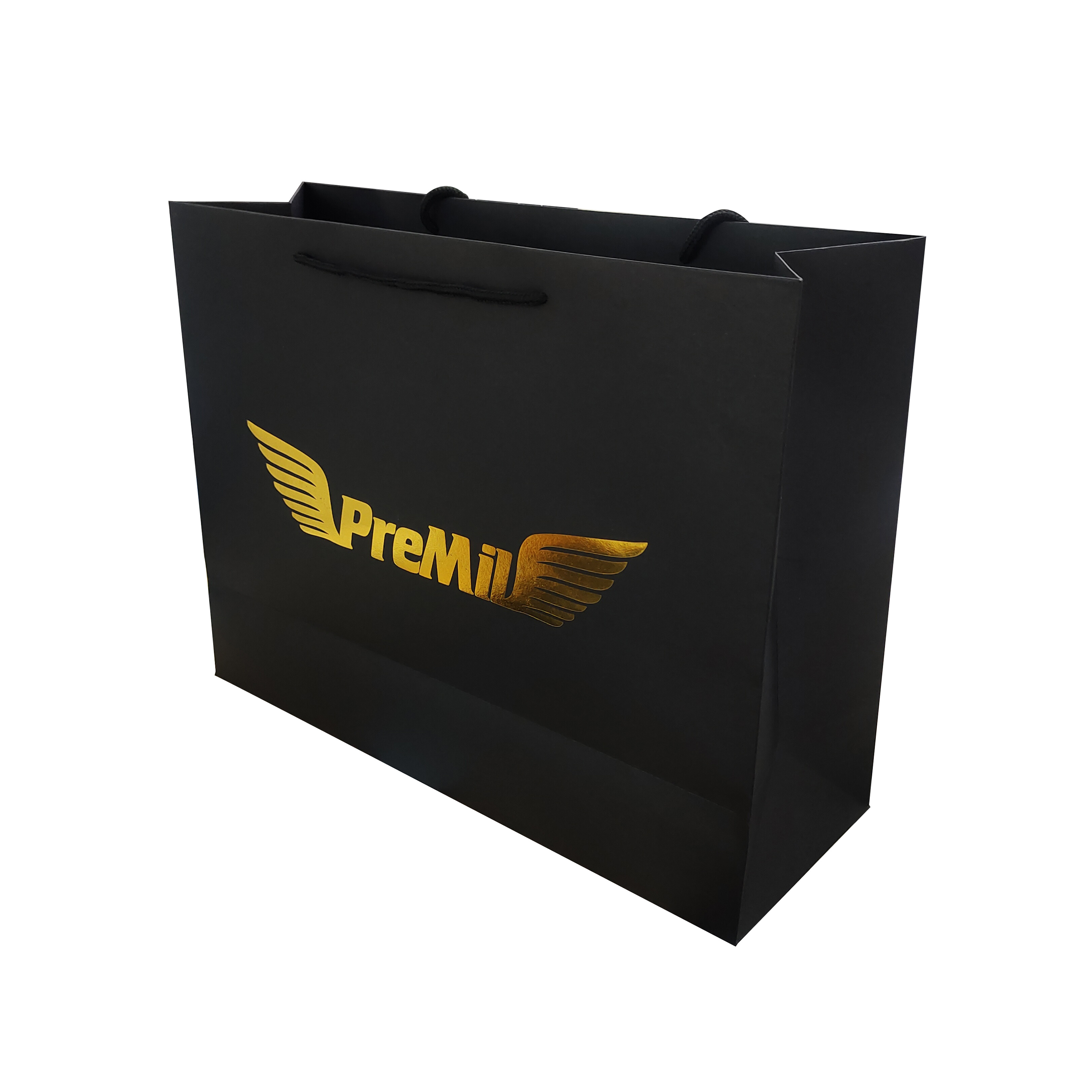 New Gold Logo Hot Foiled Stamping Black Matt Kraft Paper Bag With Cotton Rope Handles