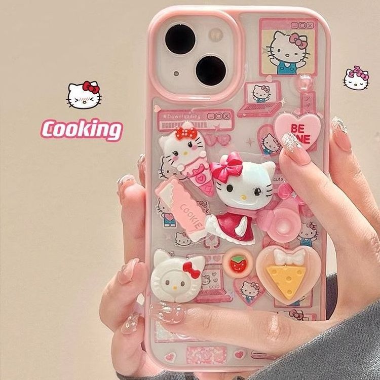 Japan South Korea ins girly heart 3d kt cat for iphone 13 phone case  hard shell  niche 14 pro creative anti-drop phone case