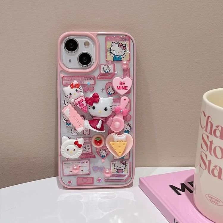 Japan South Korea ins girly heart 3d kt cat for iphone 13 phone case  hard shell  niche 14 pro creative anti-drop phone case